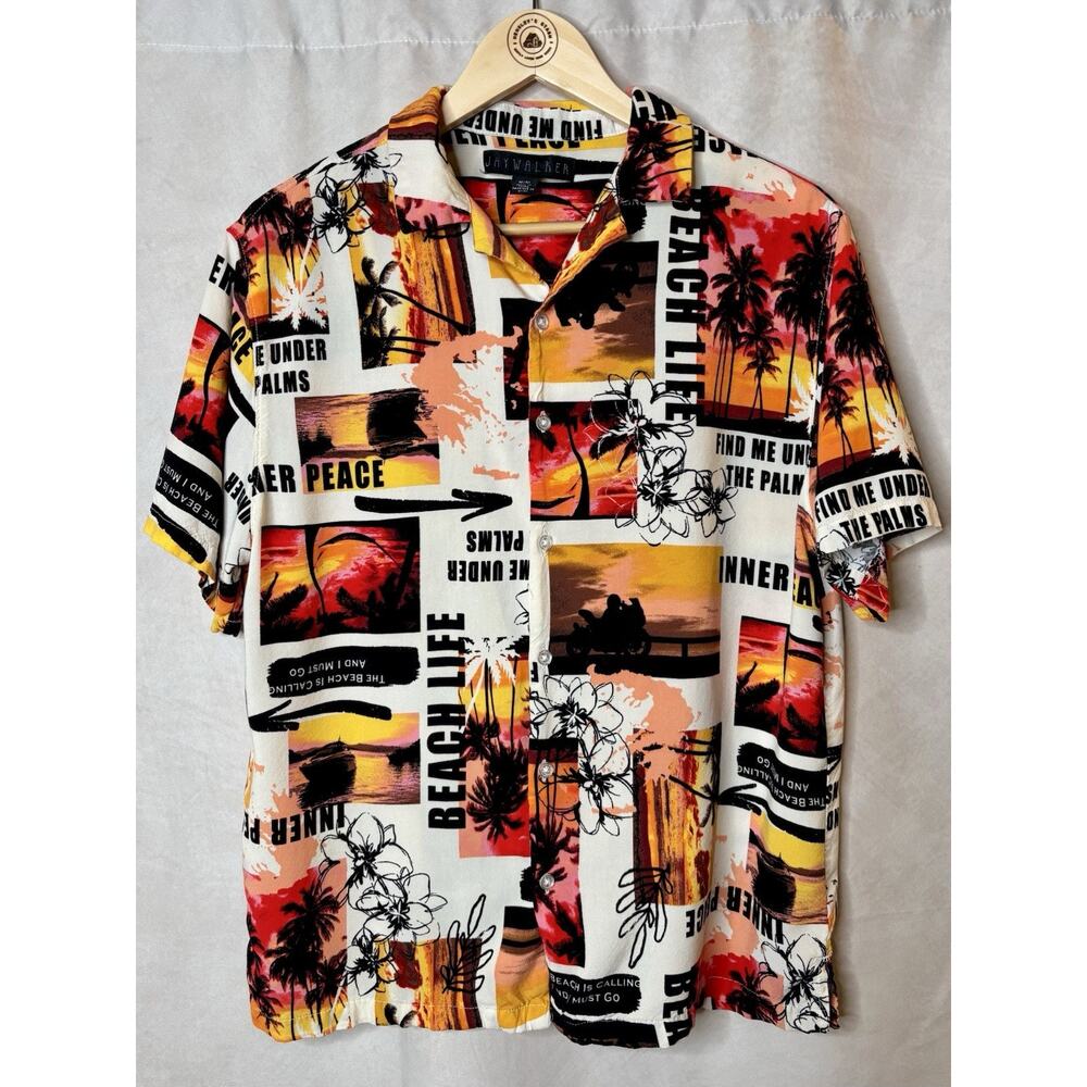 Jaywalker Beach Print Button Up Shirt Men’s M Rayon Short Sleeve Resort Hawaiian
